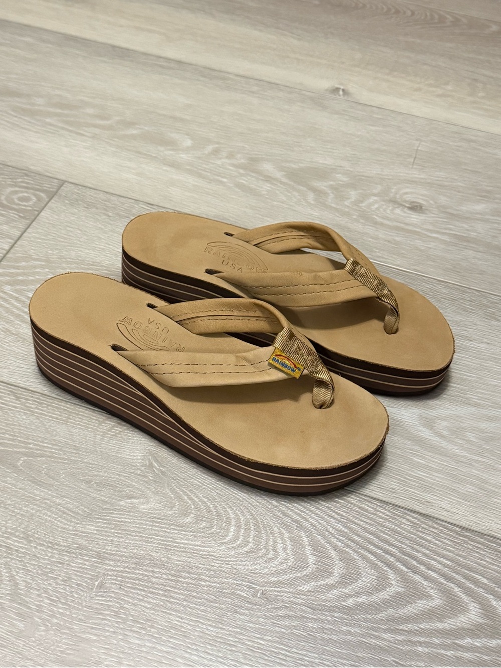 Rainbow Tan Layered Wedge Sandals